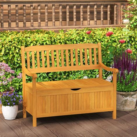 Banc de Jardin en Bois 2 Places avec Coffre de Rangement, Charge Max 360 kg, Dossier Inclinable et Accoudoirs Confortables, Design Naturel pour Balcon, Terrasse et Intérieur (1/2)
