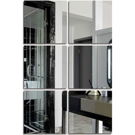 Ensemble de 6 miroirs muraux autocollants carrés en acrylique argenté, amovibles et repositionnables. Idéal pour chambre, salon ou salle de bain. Dimensions : 20 x 20 cm. (1/5)