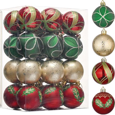 24X Weihnachtskugeln 6cm Rot Grün Gold - Bruchsichere Kunststoff Christbaumkugeln mit Aufhänger fur festliche Baumdeko