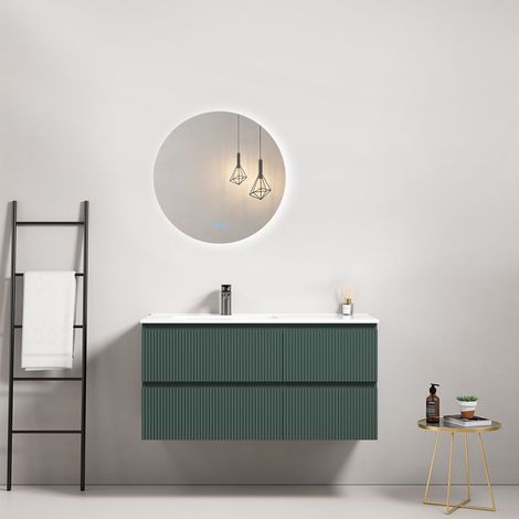 Mobile bagno sospeso cannettato 100 cm Verde Comodoro Lavabo a Sinistra in Ceramica Specchio Tondo Retroilluminato - Fiji Paint