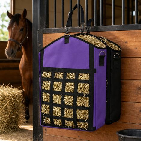 Lot de 2 sacs de stockage pour fourrage, grand sac de transport en nylon pour chevaux, chèvres et bétail, violet et noir (1/5)