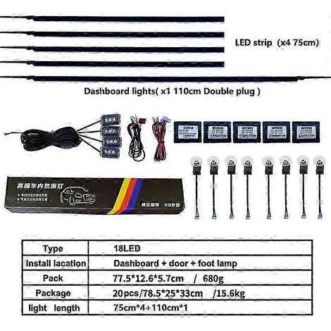 Bande lumineuse LED 18 en 1 pour voiture, éclairage d'ambiance intérieur, bande LED acrylique RGB 64 couleurs, guide de lumière à fibre optique, lampe d'ambiance décorative (18 en 1) (1/4)