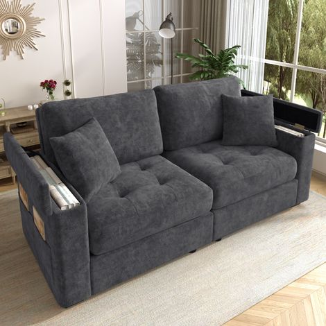 Canapé droit 2 places 180 cm avec rangement intégré dans les accoudoirs, poches latérales, 2 coussins et mousse haute densité, chenille, Gris foncé (1/5)