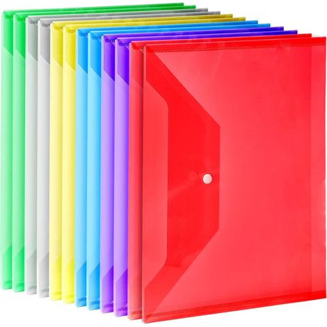 Lot de 12 pochettes en plastique transparent A4 avec fermeture à pression, disponibles en 6 couleurs assorties. (1/5)
