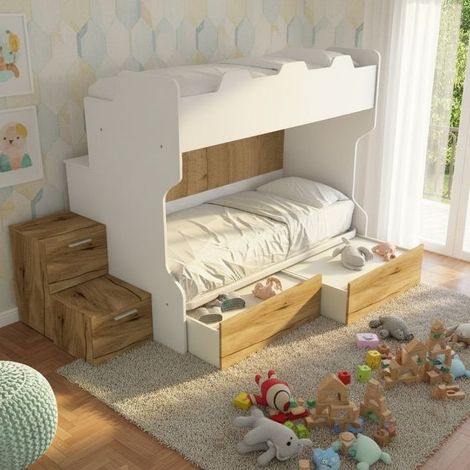 Letto a castello salvaspazio con scala a cassettoni e camminatoio - Bianco e Quercia