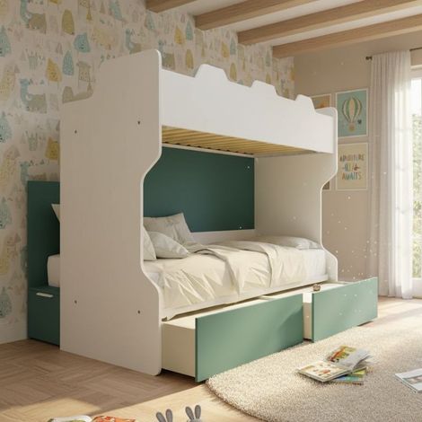 Letto a castello con scala contenitore e terzo letto estraibile - Cameretta salvaspazio - Bianco e Petrolio (1/5)