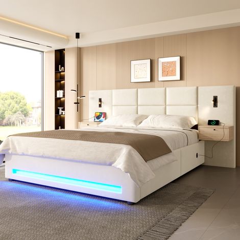 Lit double adulte 160x200 cm en velours beige, avec rangement pour chambre FloraGrace (1/5)