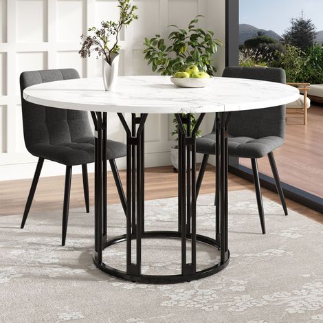 REDOM Table à manger ronde 110.2x95.4x75.5 cm pieds en métal noir embouts réglables plateau en MDF motif marbre blanc (1/5)