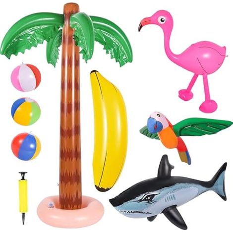 Lot de 9 palmiers gonflables, ensemble cocotiers, flamants roses, perroquet, banane, ballons de plage pour piscine, décoration hawaïenne, fête à thème