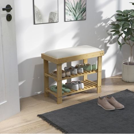 Banco zapatero 60x29x49 cm crema con almacenaje, 2 estantes y estructura de bambú MEUBLIV (1/5)