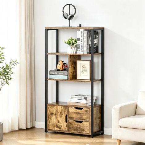 Estantería librería (58x24x122 cm), con 3 estantes, armario con puerta y 2 cajones, madera negra y madera vieja (1/5)