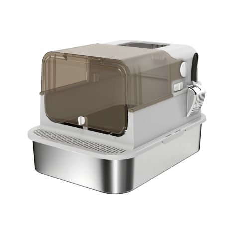 Bac à litière XXL en acier inoxydable avec couvercle à charnière et pelle incluse, pour chats de grande taille jusqu'à 12 kg, facile à nettoyer