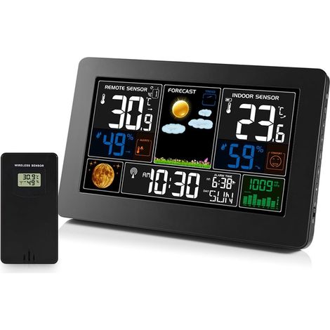 Station météo sans fil intérieure/extérieure, horloge électronique LCD affichant la température et l'humidité — pile non incluse. (1/5)