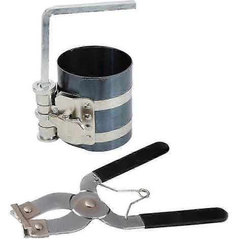 Outil comprenant un compresseur de segments de piston à cliquet et une pince installatrice de segments de piston (2 pièces). (1/5)