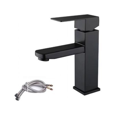 Mitigeur lavabo noir acier inoxidable levier unique eau chaude et froide avec tuyaux inclus robinet lavabo noir mitigeur salle de bain noir (1/4)