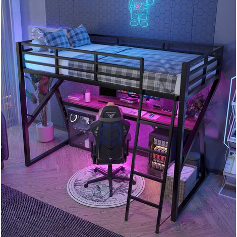 Cama Alta 90x200 Cm Estructura Metálica Y Escritorio Integrado