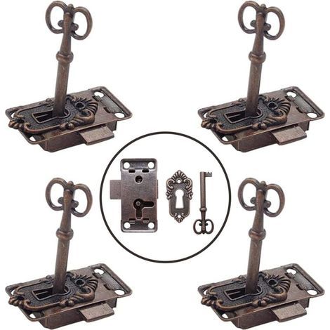 BUNTHAUS CSPARKV 4 Pièces Serrure Antique et Clé Serrure de Porte de Placard Vintage Classique Serrure Meubles DéCoratifs pour BoîTes aux Lettres, Casiers, Armoires, BoîTes à Outils (Bronze Rouge)