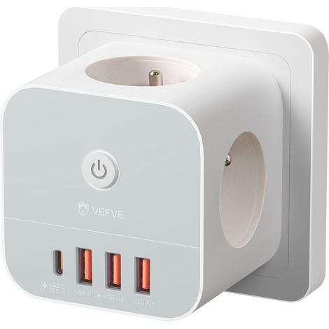 Cube Multiprise Murale avec USB C 20W, Bloc 7-en-1 avec 3 Prises Secteur, 4 Ports USB (1 USB-C + 3 USB-A), Chargeur Rapide, Interrupteur, 3680W – pour Maison, Bureau, Téléphone (1/5)
