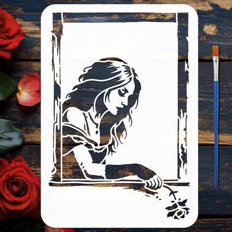 Pochoirs Fille sur le Rebord de Fenêtre avec Pinceau 21x29.7 cm Pochoirs Petites Filles Pochoir Motif Fille à la Fenêtre pour Peinture sur Bois Mur Meuble DIY Déco Maison (1/5)