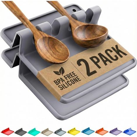 Repose Cuillère Cuisine, Pack de 2 - avec Égouttoir - Porte Ustensiles Cuisine Thermorésistant, sans BPA - Ustensiles pour Poser les Spatules, les Pinces et les Louches (Gris) (1/5)