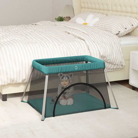 vidaXL Parc pour bébé avec matelas Vert Tissu de lin (1/5)