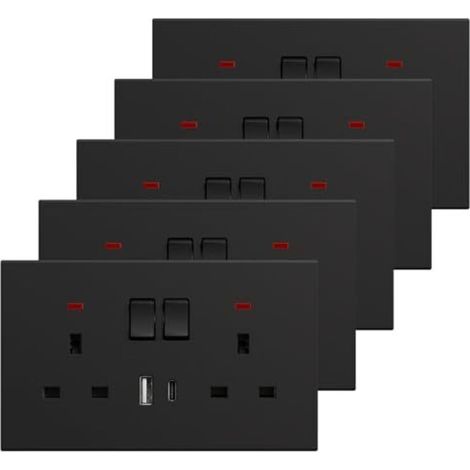 Double Socket with USB C 5 Pack, Electrical Double Switched Power Plug Wall Socket with LED Indicator, PC Wall Plate Outlet, Black, 13A