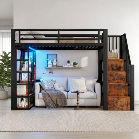 Hochbett 90x200 cm schwarz aus Metall und MDF mit LED-Lichtleiste, Stauraum und Schutzgeländer (1/5)