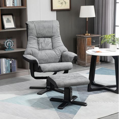 Poltrona relax girevole con pouf, schienale reclinabile, microfibra grigia DESVIAE (1/5)
