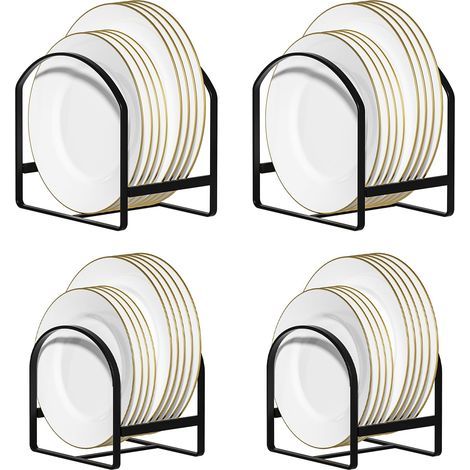 Lot de 4 grands supports de rangement pour assiettes verticales en métal pour placard et comptoir, antidérapant et antirouille - Noir