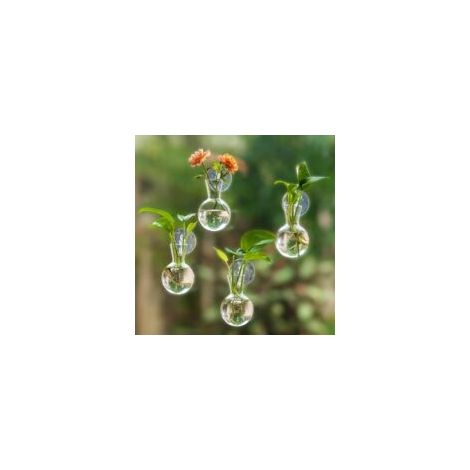 Station de Propagation de Plantes pour Fenêtre: 4 Petits Vases à Bulbes avec Ventouses pour Décoration de Salon Cuisine ou Bureau - Terrarium Suspendu en Verre pour Boutures d'Hydroponie