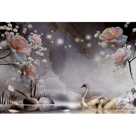 Papier peint panoramique - Fleurs Cygnes 3D - 130 cm x 88 cm (1/2)