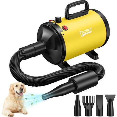Sèche-cheveux pour chiens à haute vitesse avec 4 buses 5.2HP / 3800W (Super Cyclone professionnel), séchoir à souffle pour chiens à température réglable sans pas, jaune (1/5)