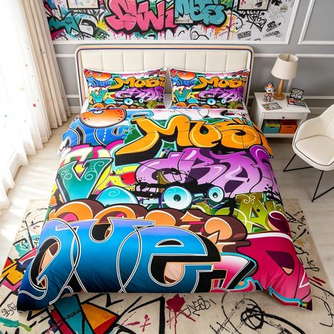 Housse de couette Hippie Graffiti Style Hip Hop Décoration Housse de couette pour Graffiti Graphic Street Culture Grunge Art Parure de lit 135 x 200 cm (1/5)