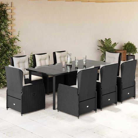 Salon de jardin 9 pièces avec 8 fauteuils inclinables et coussins, résine tressée noir - PANGIVO (1/5)