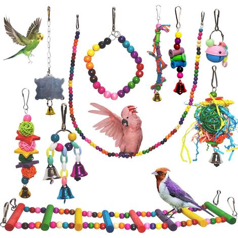 1 jouet pour oiseaux, balançoire, hamac, échelle d'escalade, jouet à mâcher suspendu, bois multicolore, pour perruches ondulées et petits oiseaux (1/5)