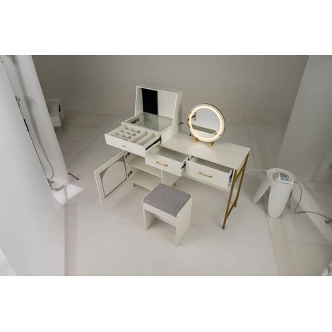 Organisation bijoux et maquillage, coiffeuse avec miroir lumineux, prises secteur USB et tabouret pour chambre (1/2)