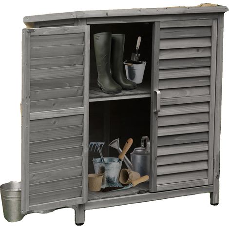 Caseta de jardín, madera de abeto, 87 cm x 46,5 cm x 96,5 cm, 2 estantes interiores, 2 puertas, techo inclinado. (1/5)