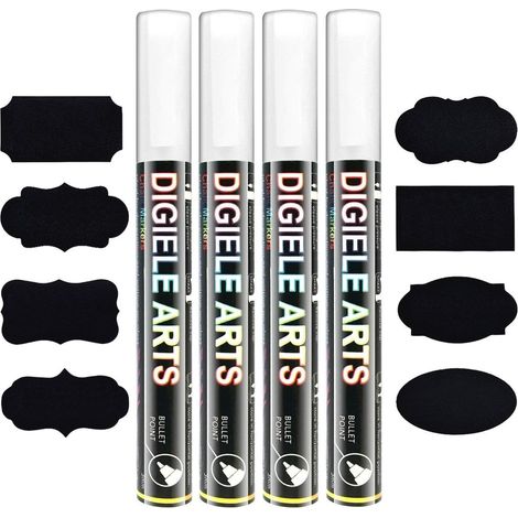 Lot de 4 marqueurs à craie blanche 6 mm effaçables à sec ou humide, réversibles à pointe ogive ou biseautée pour tableau noir, fenêtre, verre et miroir, 4 stylos + 16 étiquettes pour tableau (1/5)