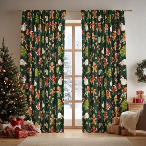 Rideau Voilage De Noël - Imprimé Bonhomme De Neige Et Homme En Pain D'épices - 132 X 160 Cm - Lot De 2 (1/5)