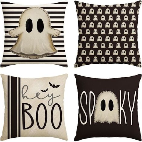 Taies d'oreiller effrayantes Halloween Hey Boo avec de mignons fantômes, 45 x 45 cm, lot de 4, noires (1/5)
