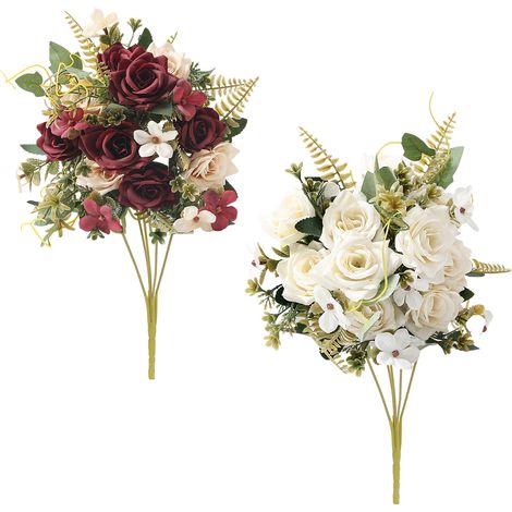 Bouquet de roses, lys et hortensias, 35 cm, lot de 2 bouquets, fleurs artificielles, bouquet décoratif, centre de table pour mariage, décoration de table, fausse tombe, décoration de tombe