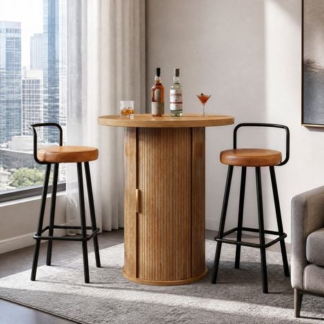 Set bar con tavolo rotondo contenitore e 2 sgabelli, effetto legno, MDF metallo DESVIAE (1/5)