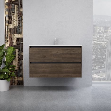 Inda - Badezimmerschrank 2 Schubladen B.100 mit glänzendem Waschbecken / Braune Eiche - Smeraldo