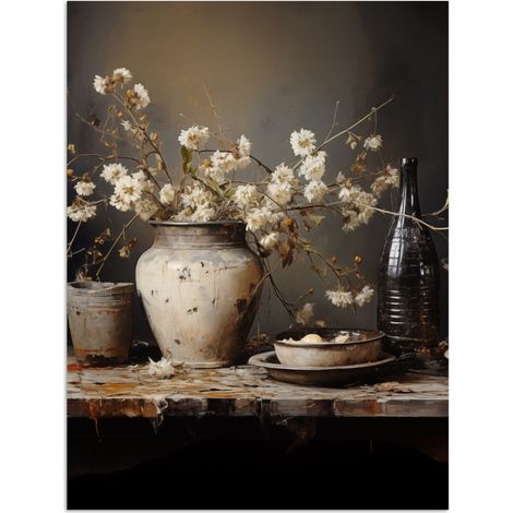 AFFICHE Nature morte - Fleurs - Bouquet - Vase - Vin Décoration Murale 60x80 cm (1/4)