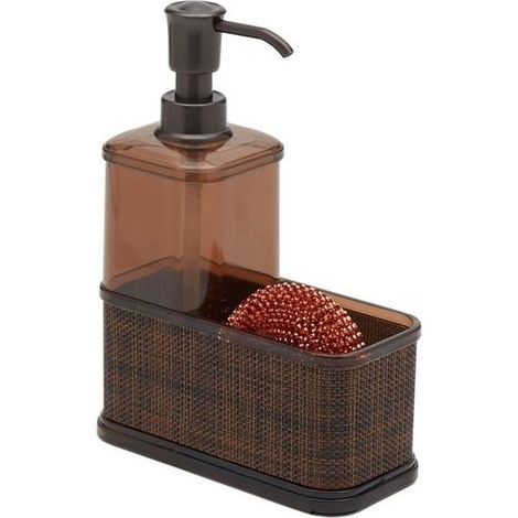 Distributeur de savon liquide décoratif en plastique pour évier de cuisine avec compartiment de rangement – Peut contenir et stocker les éponges, brosses à récurer et brosses – Marron sable/bronze (1/4)
