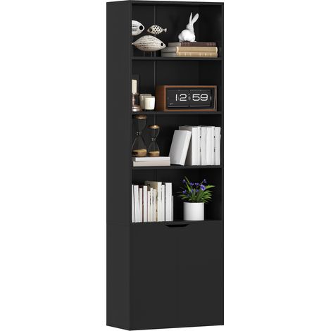 Bücherregal mit 4 offenen Fächern und 2 Türen für Wohnzimmer und Büro, 59 x 29 x 180 cm, Schwarz