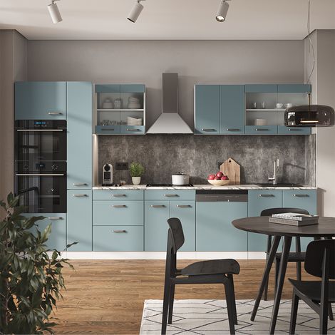 Küchenzeile R-Line, Blau-Grau/Weiß, 350 cm mit Hochschrank, ohne Arbeitsplatte, Vicco