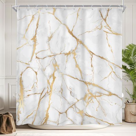 Rideau de Douche en marbre Blanc et doré, 152,4 x 183 cm (l x H), Motif craquelé, Texture de Luxe, Motif Liquide, géométrique, Ensemble de Salle de Bain Unique, imperméable, Accessoires de (1/5)