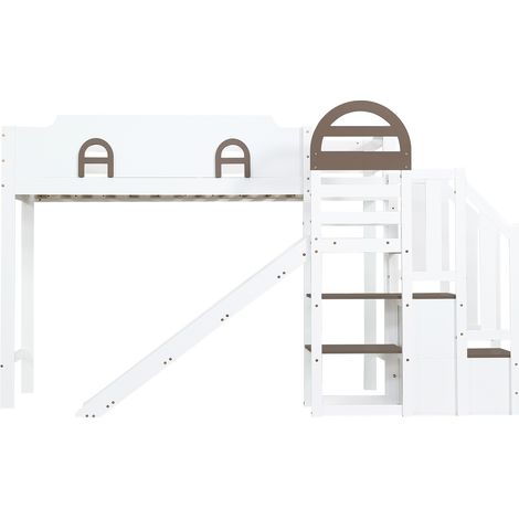 Letto a castello per bambini con finestre, scivolo e scala contenitore 90x200 cm bianco marrone (1/5)