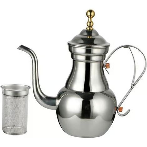 Cafetière arabe avec filtre intégré, théière en acier inoxydable avec long bec, argent (1/5)